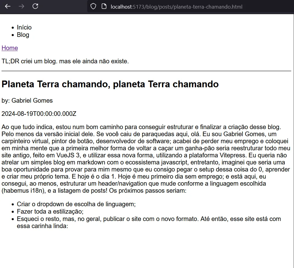 Primeira versão do blog, sem qualquer estilização, nu e naturalmente responsivo