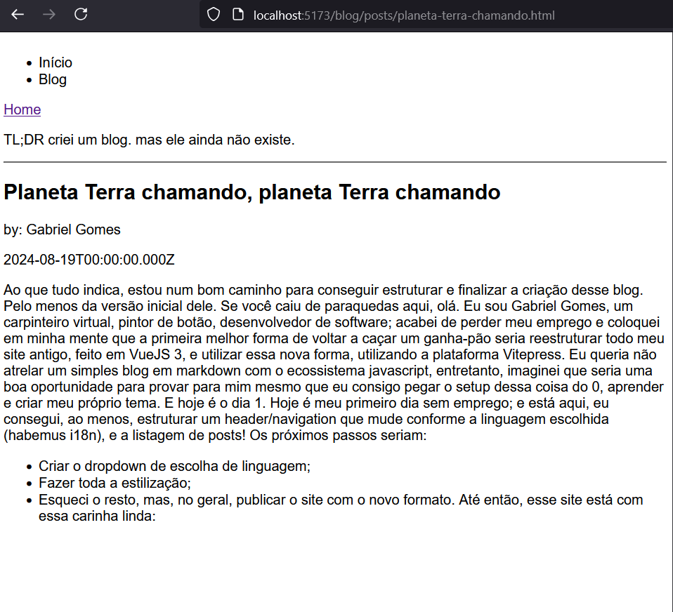 Primeira versão do blog, sem qualquer estilização, nu e naturalmente responsivo
